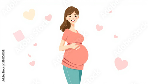 Illustration of a smiling pregnant woman holding her belly, surrounded by floating hearts.