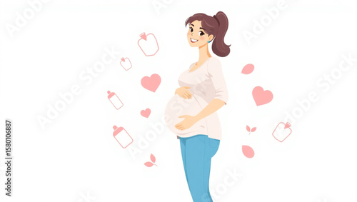 Pregnant woman, surrounded by baby-related items, radiating happiness and anticipation.