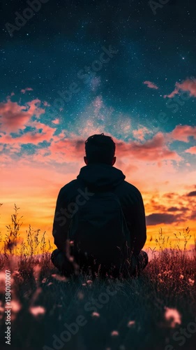 A person sitting in a field looking up at the sky