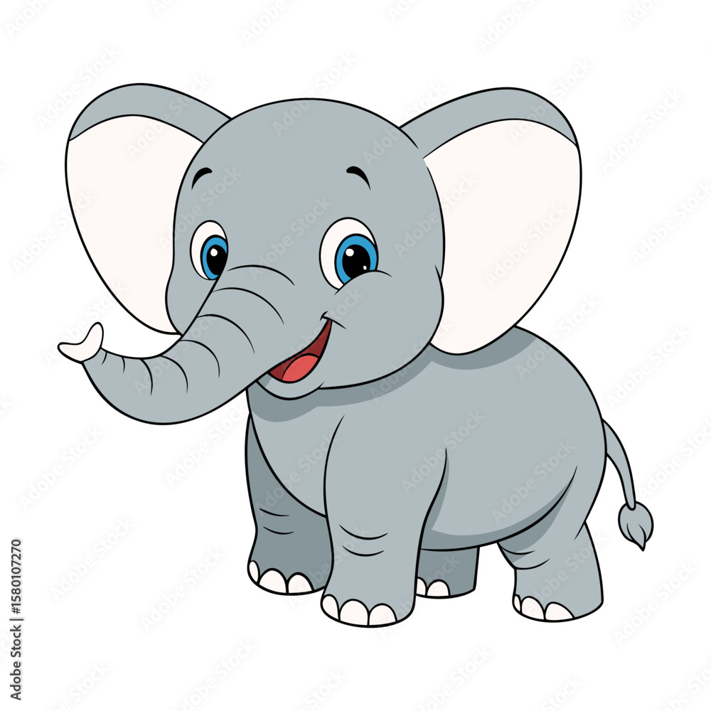 Fototapeta premium Cute cartoon baby elephant. Adorable smiling animal character illustration for kids. Vector graphic isolated on white background.