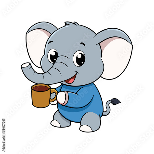 Cute cartoon baby elephant holding a cup. Adorable sitting animal character mascot. Vector illustration isolated on white for kids' design.