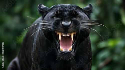 Roaring Black Panther Displaying Sharp Teeth in Rainforest Close Up