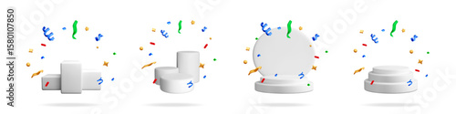 3d render of white podium displays with confetti and ribbons, perfect for party, anniversary, and celebration marketing ads.