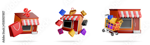 Three 3d stock illustrations of small shops online. Store icon percent symbol bag. Cartoon minimal retail building.