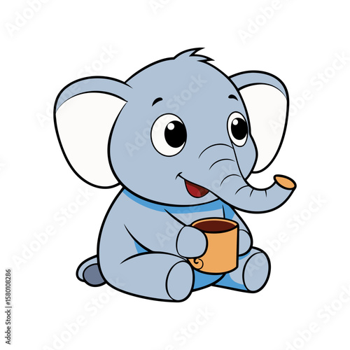 Cute cartoon baby elephant holding a cup. Adorable sitting animal character mascot. Vector illustration isolated on white for kids' design.