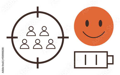 Crosshair over group icons for targeting goals, orange happy representing positivity, and battery for energy. Ideal for productivity, motivation, achievement, efficiency, focus, engagement