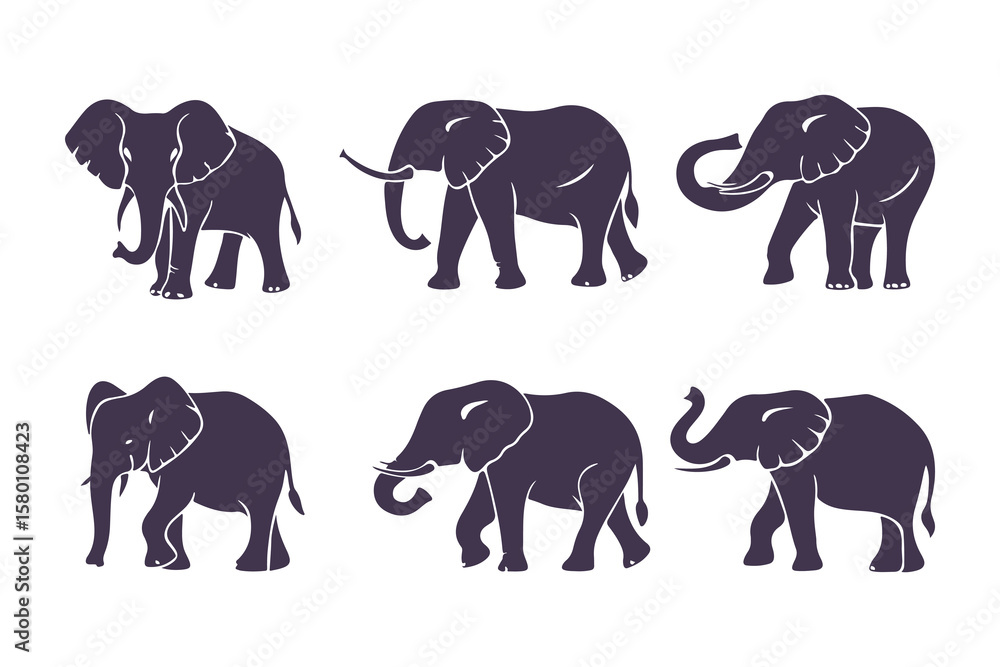 Naklejka premium Set of Elephant Silhouettes Vector Illustration. Collection of Walking Safari Animals. Wildlife Mammal Icons Isolated on White Background.