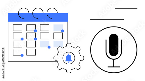 Calendar with events, gear icon for notifications, and microphone icon representing voice features. Ideal for productivity, task management, scheduling, voice utility, organization, reminders