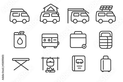Camping icons set: camper vans, gear, and equipment line art collection