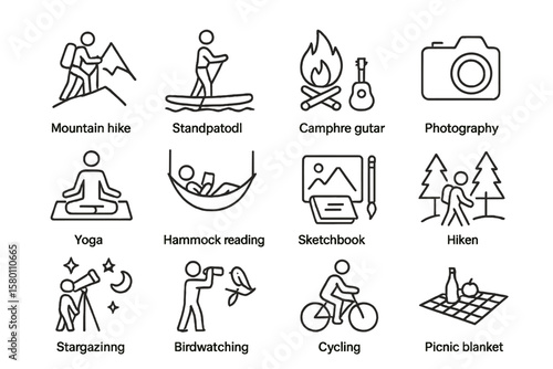 Various outdoor activities icons including hiking, yoga, and cycling