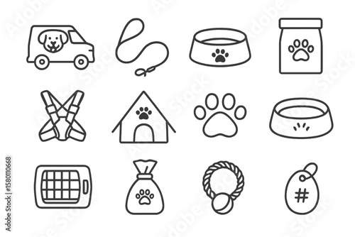 Pet care icon set featuring paw prints and accessories