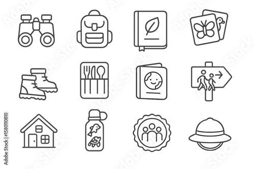 Outdoor adventure icons: binoculars, backpack, map, boots, diary, compass