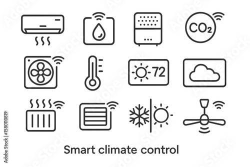 Smart climate control icons illustrating temperature and air quality management