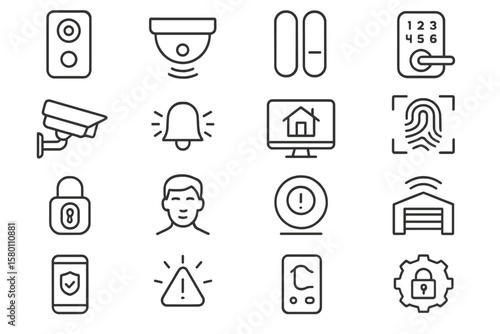 Home security icons: cameras, alarms, locks, sensors for smart protection