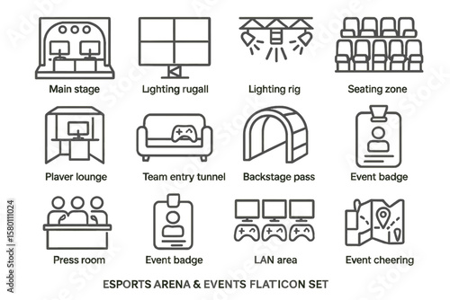 Esports arena flat icon set: stages, badges, events, zones, areas