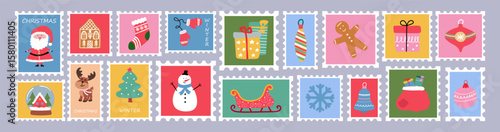 Holiday postage stamps with Christmas and winter symbols. Colorful design for greeting card or festive mail.
