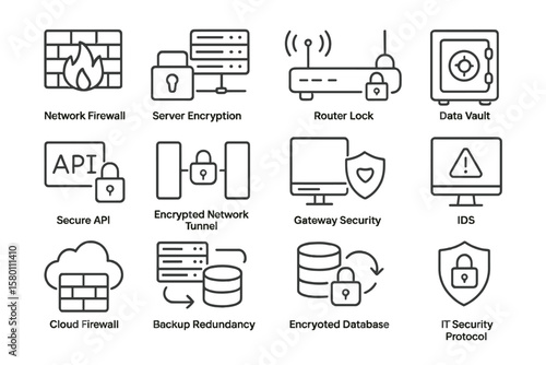 Cybersecurity icons: firewall, encryption, router, data protection, secure api