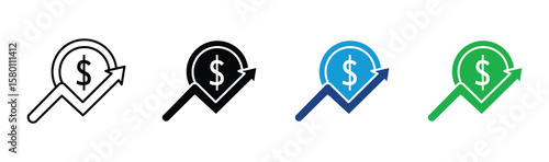 Dollar rate increase vector icon set. Rise cost vector illustration. Business money cash increase signs set .