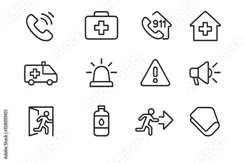 Emergency icon set featuring first aid, ambulance, and safety symbols