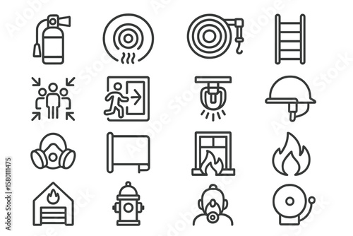 Fire safety icons with extinguisher, alarm, and emergency equipment