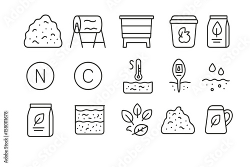 Composting icons: bin, leaves, soil, temperature, water, recycling