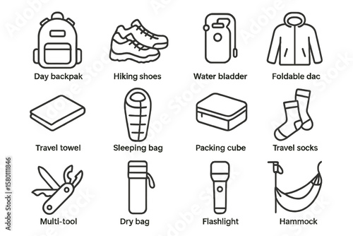 Outdoor camping essentials: backpack, shoes, sleeping bag, multi-tool, hammock