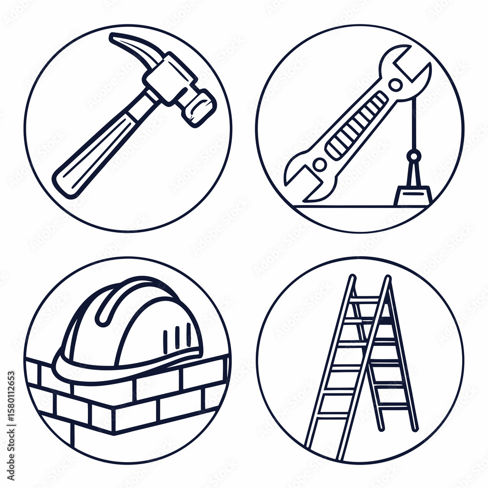 Fototapeta premium Set of four circular icons representing construction and diy tools and safety equipment