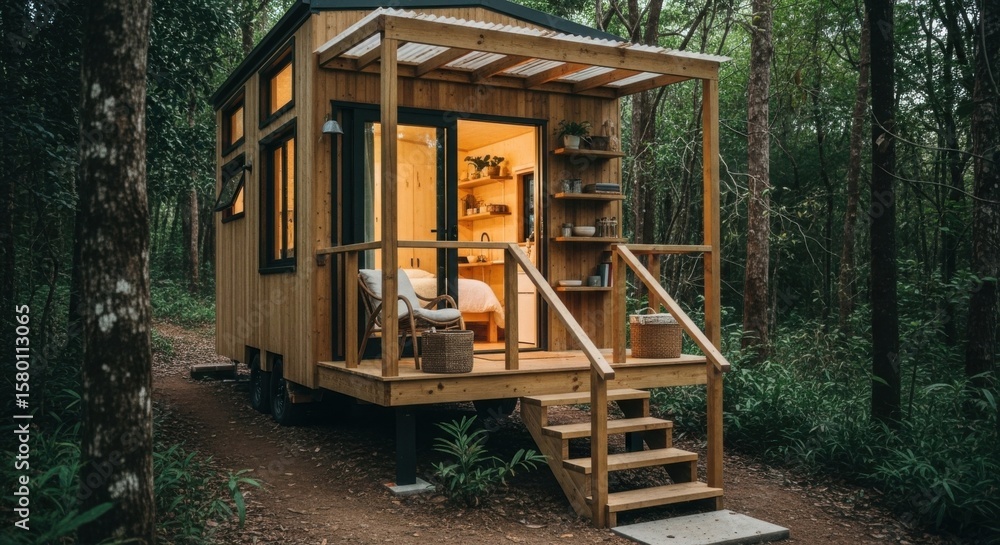 Obraz premium Cozy wooden tiny house nestled in a lush forest with a welcoming porch