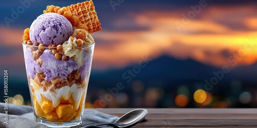 A vibrant Filipino halo-halo in a tall glass