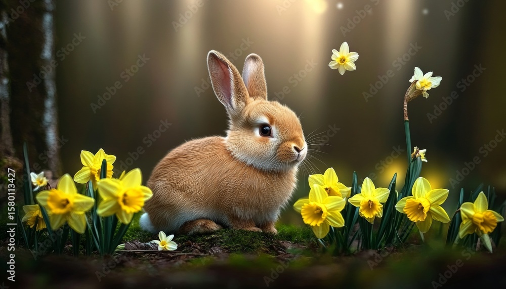 Fototapeta premium Charming Easter Bunny Portrait Amidst Blooming Daffodils in a Lush Spring Forest Landscape