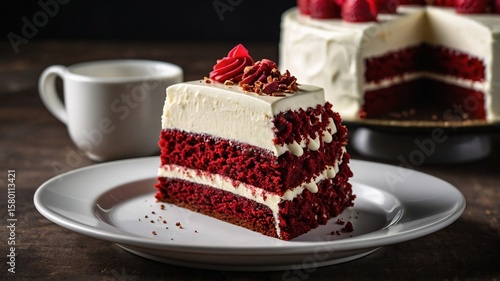 Quadro su tela A mouthwatering slice of red velvet cake topped with cream cheese frosting, set on a white plate beside a cup of coffee
