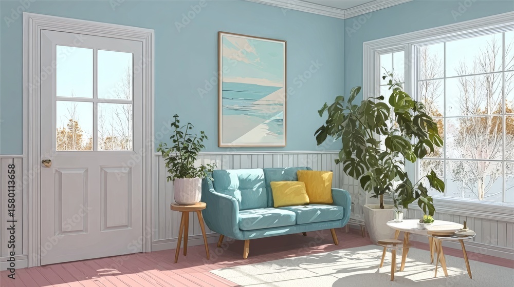 Fototapeta premium Cozy Living Room with Soft Pastel Colors, Bright Windows, and a Comfortable Nook for Relaxation