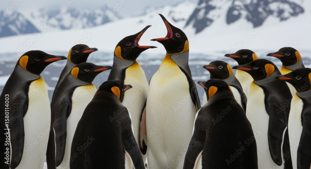 Obraz premium A boisterous gathering of emperor penguins, surrounded by snowy peaks and icy terrain