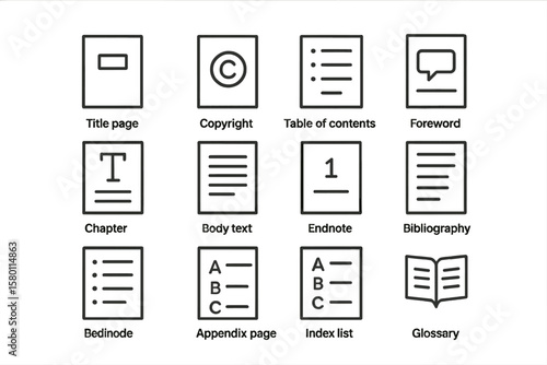 Monochrome book layout icons: table, copyright, foreword, chapter, glossary