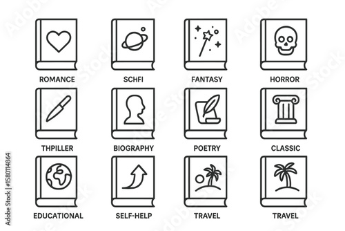 Icons representing various book genres on a dark background