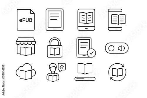 E-book and digital reading icons set: devices, security, cloud, bookstore