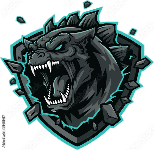 A menacing dinosaur head bursts through a shield, teeth bared in a fierce roar.