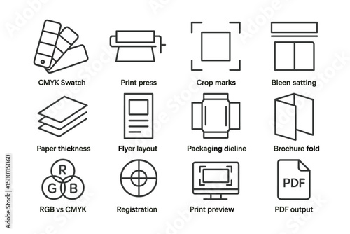 Printing process icons: cmyk, print press, pdf output, crop marks