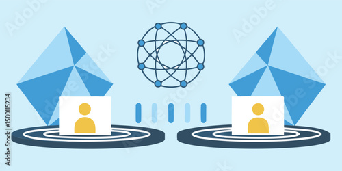 Networked individuals connected by technology with geometric shapes and digital connection