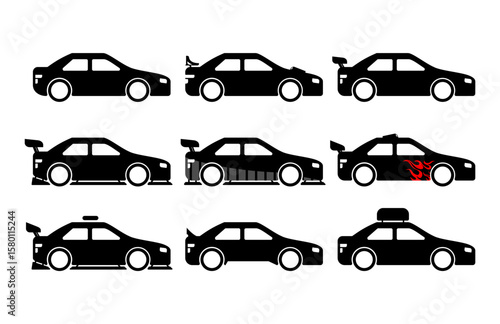 Modified Car Icon Set – Sport and Racing Vehicle Silhouettes