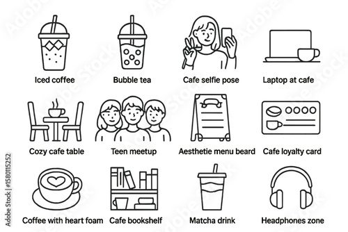 Cozy cafe icons featuring beverages, tech, and social interactions