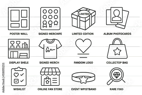 Merchandise icons for fan collectibles and memorabilia display