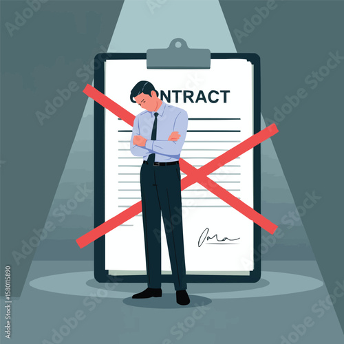 Businessman standing dejected in front of a canceled contract with red cross marks