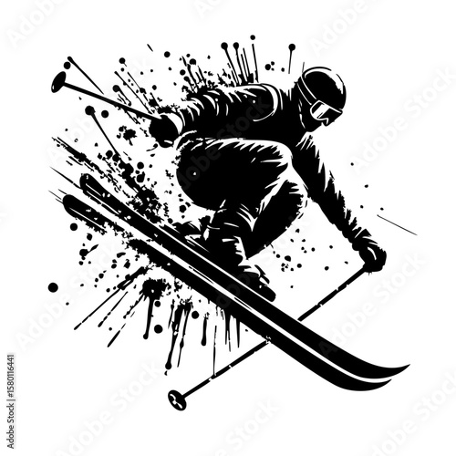 Ski Silhouette Grunge Splatter and Dripping Spray Effects