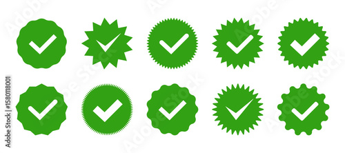 Green round checkmark icon with starburst edge and badge style isolated on white background perfect for verified accounts quality labels and approval stamps.