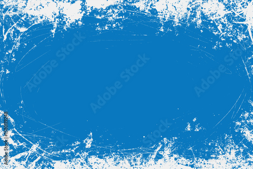 Flat blue and white grunge background. Distress weathered rough overlay texture with scratch lines. Grunge frame design with white paint spots. Winter texture 