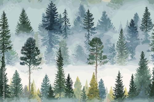Seamless Pattern – Oversized Watercolor Evergreen Forest with Needle Detail, Woodland Silhouettes, and Atmospheric Layers in Hunter Green, Umber, and Misty Blue for Premium Wallpape
