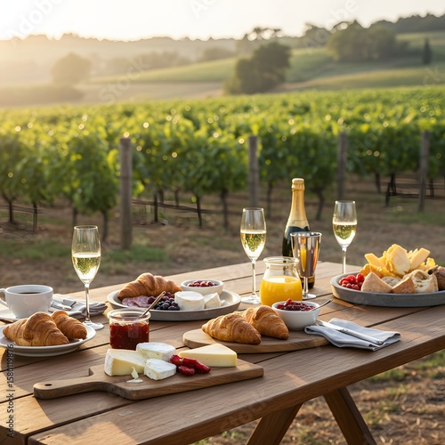 Romantic vineyard breakfast with champagne cheese and croissants at sunrise