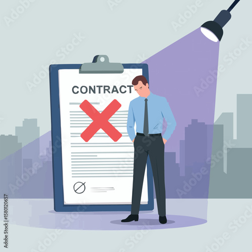 Businessman standing under spotlight next to rejected contract with red cross mark