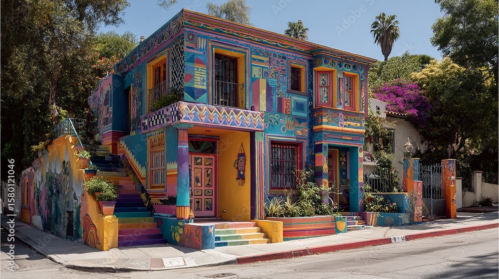 Obraz premium Vibrant painted house with colorful murals, surrounded by lush greenery in a sunny neighborhood.
